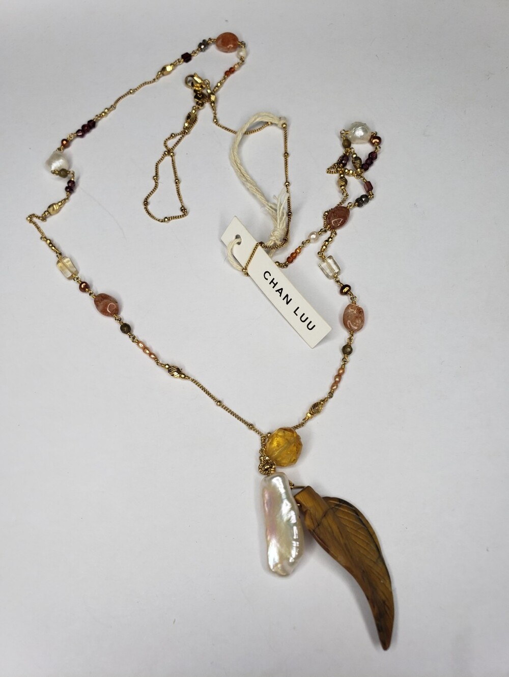 Chan Luu 925 Gold Necklace with Brown Tiger Eye Wing and Cream Pearl Charms - Picture 5 of 6